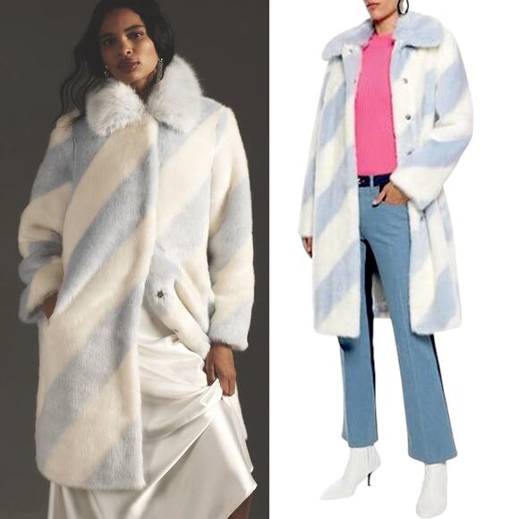 ANTHROPOLOGIE Stripe Faux Fur Coat Jacket Whimsical Gorpcore Glam Blue Ivory - Picture 1 of 15